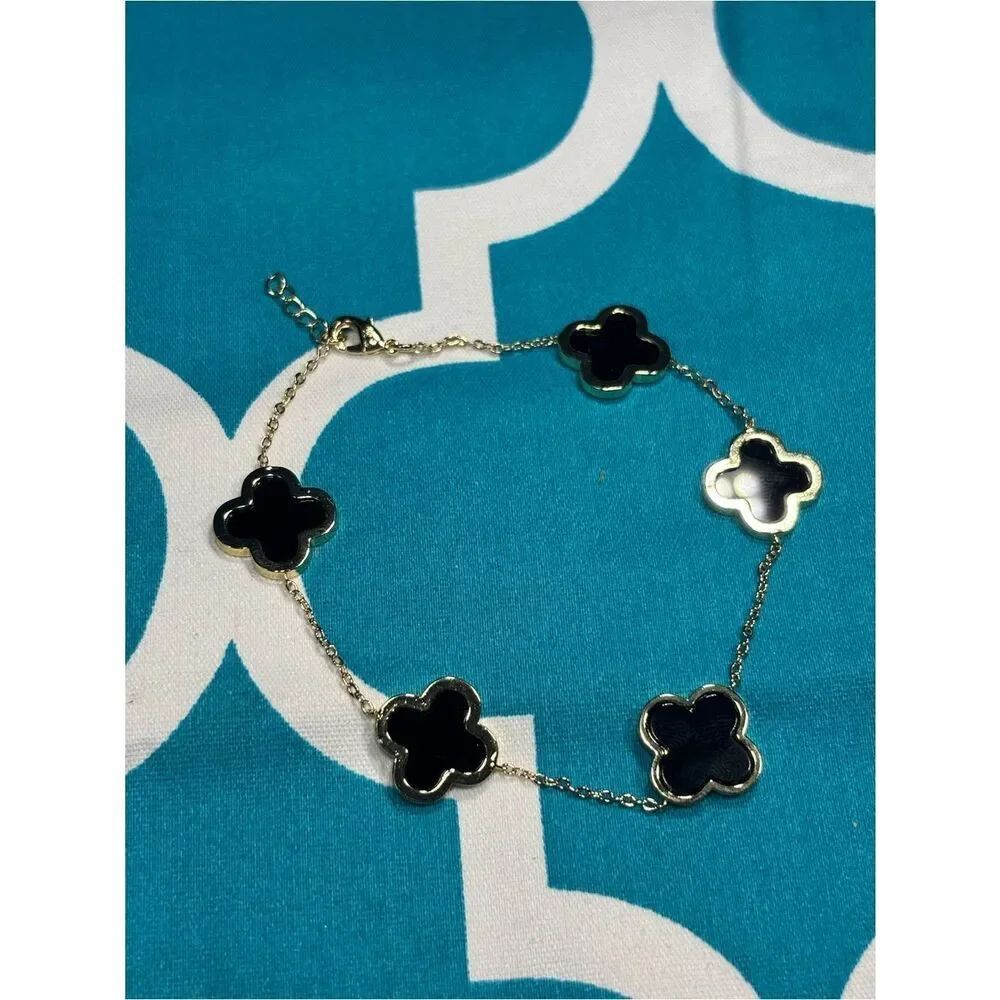 New 7” Gold Chain Bracelet with Black Clover Motifs